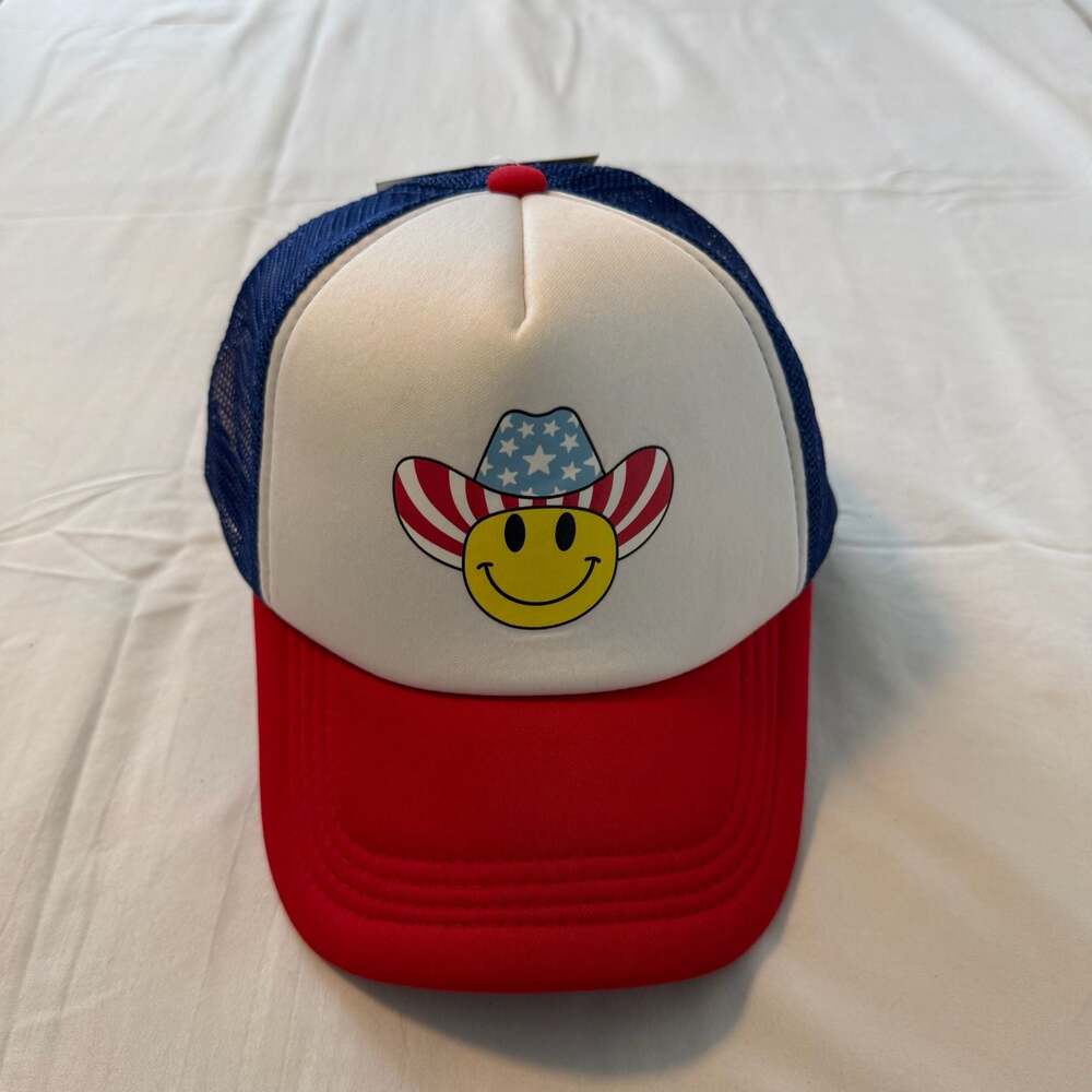 Patriotic Cowboy Smiley Face Trucker Hat Red White Blue